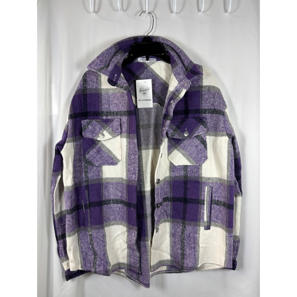 Miss Sparkling Purple Plaid Shacket Oversized Snap Button Shirt Jacket Large NWT